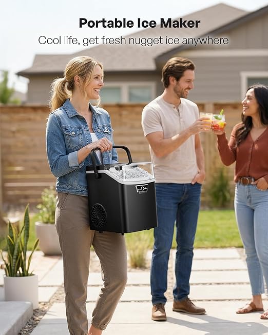 ICYGLEE Nugget Ice Maker Countertop with Handle, Ready in 4 Mins, Max 40lbs/24H, Chewable Ice, Self-Cleaning, Portable Sonic Ice Maker with Basket and Scoop, for Home/Party/RV/Camping (Black)