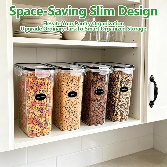 4 Pack 4L/135oz Cereal Storage Containers, Airtight BPA Free Plastic Cereal Dispenser with Lids, Large Dry Food Storage Canister for Pantry, Rice, Flour, Sugar, Pasta