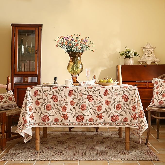 ISAENNE Designer French Long Rectangular Tablecloth,Linen Orange Floral Pattern Indoor Table Cloth,Wrinkle Resistant Decor Table Cloth for Dining Thanksgiving Kitchen Party,63"*94"-Alvarado D
