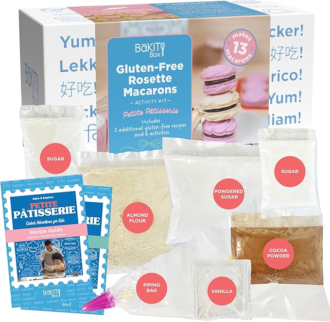 BāKIT Box Gluten-Free Macaron Baking Kit for Kids – Make Rosette French Macarons with Chocolate Buttercream – DIY Gluten-Free Dessert Kit with Pre-Measured Ingredients – STEM Activity for Girls & Boys