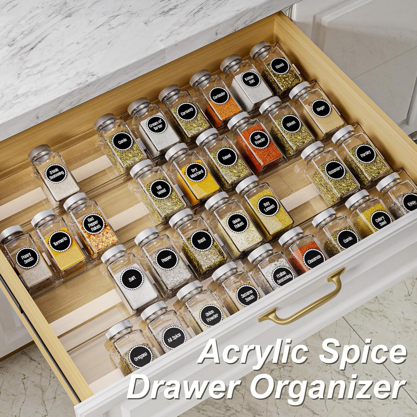 MIUKAA Acrylic Spice Drawer Organizer, 2 Tier - 4 Pack Seasoning Organizer for Drawer, Expandable From 13" to 26" Kitchen Drawer Spice Rack with Slip-Proof Mat (Jars not Included)