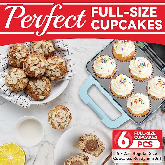 SugarWhisk 6-Count Cupcake Maker Machine, Bakes 6 X 2.5 Inch Cupcakes, Muffins, Pizza Cups, Cinnamon Buns, Cool-touch Handle, Non-stick Coating, Recipe Included, Aqua