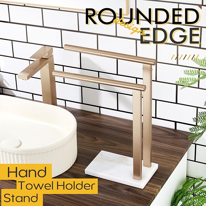 KOKOSIRI Hand Towel Racks Stand Towel Holder 2-Tier with Marble Base for Bathroom Vanity Countertop, Champagne Bronze Stainless Steel 15.7'' Height THS0007-CPG