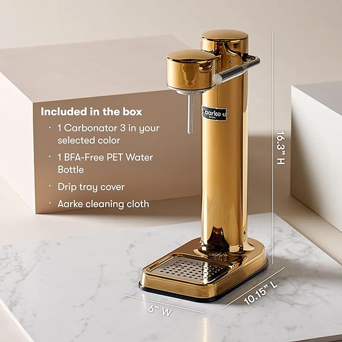 Aarke Carbonator lll, Sparkling & Carbonation Water Machine, Stainless Steel with PET BPA-Free Reusable Bottle Volume 1L/34 fl oz (Gold)