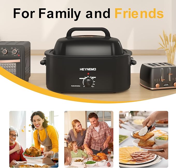 28 Quart Electric Roaster Oven with Visible & Self-Basting Lid, Large Turkey Roaster with Defrost Warm Function, Adjustable Temperature, Removable Pan Rack, Stainless Steel, Black