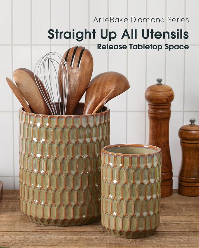Utensil Holder, 7.5"+5.3" Ceramic Kitchen Utensil Holder for Countertop, Large Cooking Utensil Crock for Kitchen Counter, Set of 2, Green