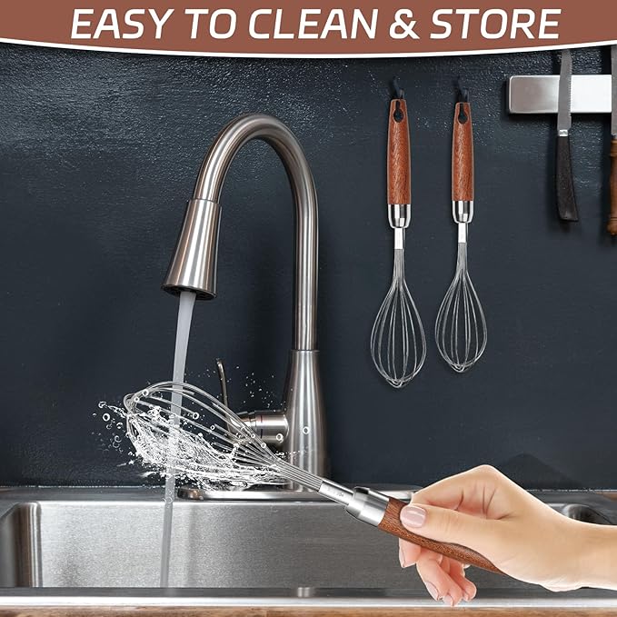 Stainless Steel Wire Whisk, Wooden Handle Kitchen Multi Function Non Stick Balloon Whisk Egg Beater for Blending Whisking, Beating, Frothing & Stirring Batters (10"L x 1.8"W)