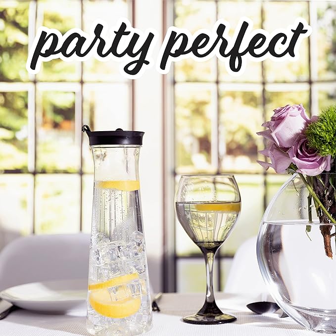 Clear Plastic Water Pitchers Carafes with Flip top Black Lids 34 OZ Heavy Duty Beverage Pitcher Jug for Juice or iced Coffee Great for Mimosa bar Restuarants ot Schools Pack of 6