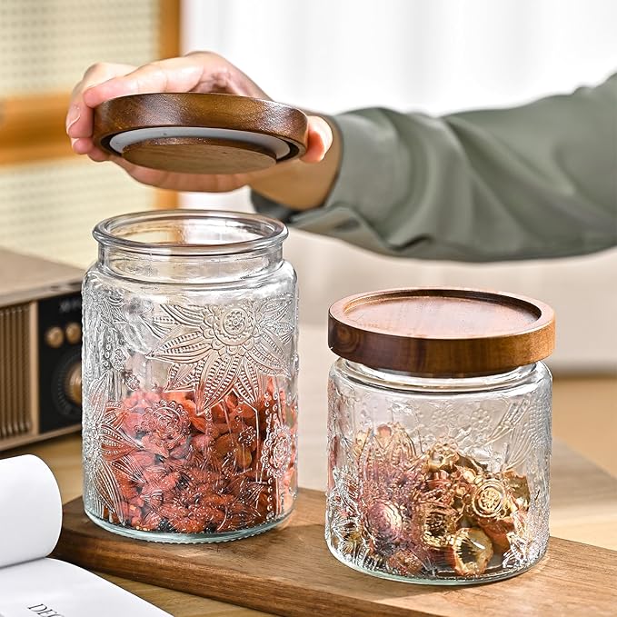 Adodeen 24oz Vintage Glass Canister With Lid Small Glass Jars Wide Mouth Mason Jars Airtight Coffee Canisters Kitchen Storage Containers For Sugar Tea Spice Flour Candy Cookie Cereal Cute Decorative