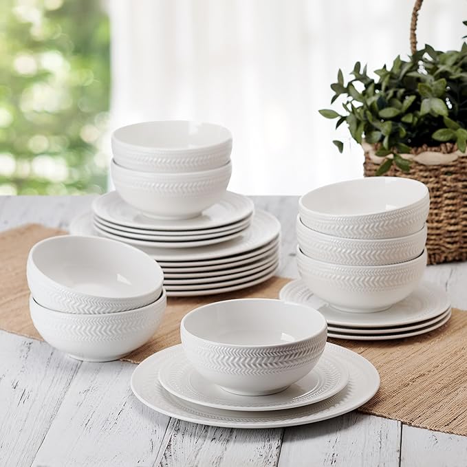 Pfaltzgraff Josephine 24-Piece Dinnerware Set, Porcelain Dish Set with Embossed Basket Weave Design, Service for 8, White Plates and Bowls Sets, Microwave and Dishwasher Safe