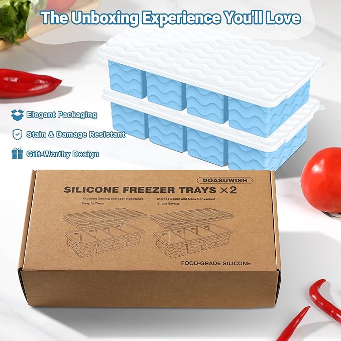 Doasuwish Silicone Freezer Tray for Soup with Lid – 1-Cup Soup Container Cube Style Ice Cube Trays for Freezer, Meal Prep & Food Storage, Freeze 250mL/125mL Portions – 2 Pack