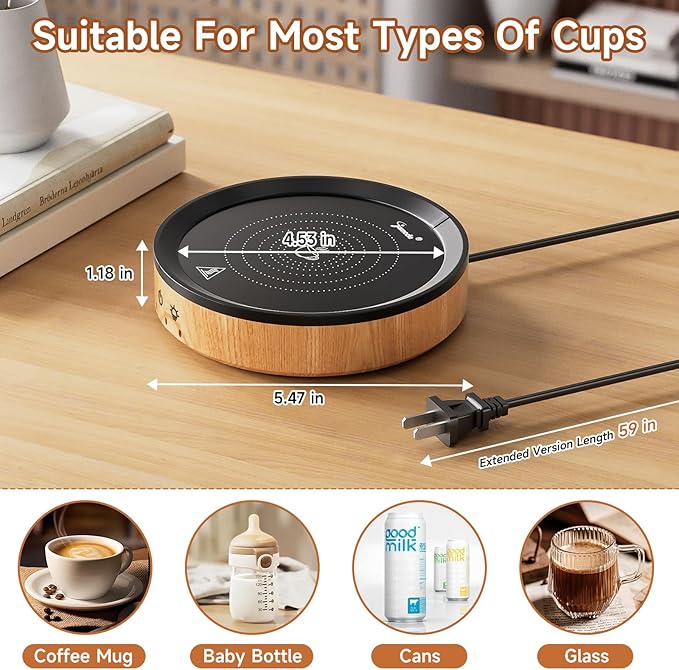 36W Mug Warmer, 3 Temperature Settings, Auto Shut Off (2-12H), Max 176°F, Wood Grain Design with Ambient Light,Ideal Gift for Home & Office (Wood Grain)