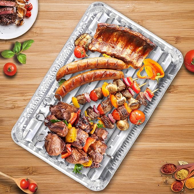 70 Pack Aluminum Grill Pans 13 x 9 Inch, Disposable Broiler Pans with Holes and Ribbed Bottom, Heavy Duty Foil Grill Liners for BBQ, Roasting, Drip Trays, and Oven Cooking