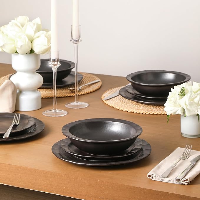 Stone Lain Oasis 24-Piece Dinnerware Set Stoneware, Dishwasher and Microwave Safe Plates and Bowls Set, Dish Set for 8, Black