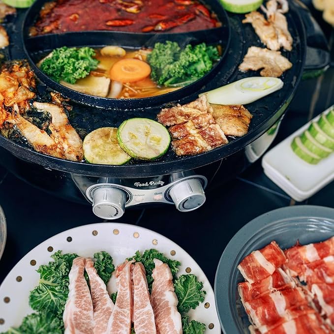 Food Party Hot Pot Electric Korean BBQ Grill 2 in 1 Hotpot Smokeless Indoor Grill Removable Cooking Plate Easy Cleaning 110V 1800W Shabu Shabu Pot with Divider