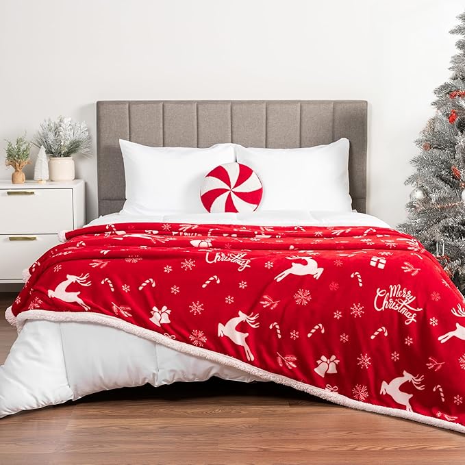 PAVILIA Premium Christmas Sherpa Throw Blanket | Christmas Decoration Gift, Fleece, Plush, Warm, Cozy Reversible Microfiber Holiday Blanket | Red Reindeer - 60x80 Twin