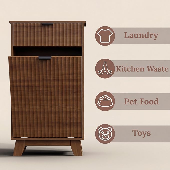 Modern Tilt Out Laundry Hamper Cabinet, 10 Gallon Wooden Trash Can Cabinet with Storage Drawer, Hidden Fluted Bathroom Storage Cabinet for Kitchen, Living Room (Walnut Wood, 20.47"W x 35.83"H x 13"D)