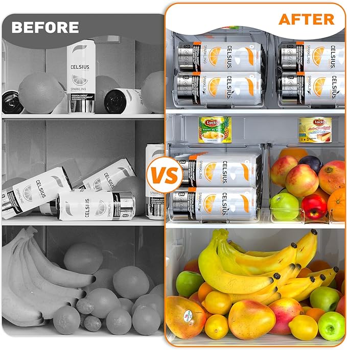 SCAVATA Skinny Can Organizer for Refrigerator, Stackable Tall Skinny Soda Pop Can Holder Dispenser with Lid for Fridge Pantry Rack Freezer, Clear Plastic Storage Bins-Holds 12 Slim Cans (See-through)
