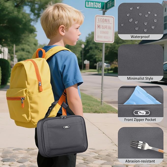 Lunch Box Kids Insulated Lunch Bag for Boys Girls Cute Reusable Lunch Tote Bag Waterproof Portable Thermal Lunch Box Kids for School Picnic Travel Grey