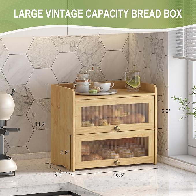 JANSNIMEN Large Bread Box for Kitchen Countertop Wooden Double Layer Breadbox Organizer with Window Vintage Farmhouse Bread Storage Container for Homemade Bread (Natural Bamboo)