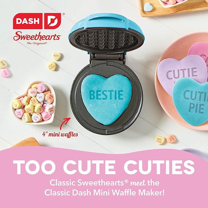 Dash & Sweethearts® Mini Waffle Maker- Mini Machine for Creative Homemade Treats - Nonstick Iron with Unique Print Design - Stylish Waffle Machine - Bestie Blue