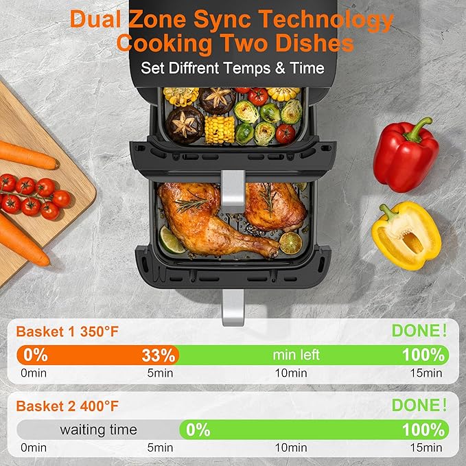 13QT Dual-Basket Air Fryer, Vertical Compact Large Air Fryers with viewing window & Independent Light, 10-in-1 Presets for Home Family, Bake/Grill/Dehydrate/Reheat, Freidora De Aire Dishwasher-Safe