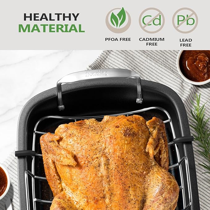 Roasting Pan, 17x13 Inch Nonstick Turkey Roaster with Removable Rack & Cooking Kit,Roaster Pan for Roasting Turkey, Meat & Vegetables (Silver)