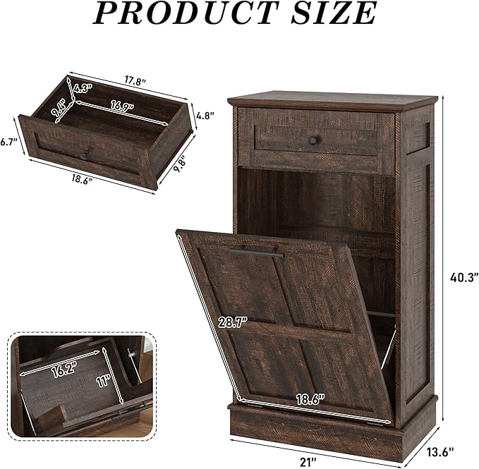 chartustriable Farmhouse Tilt-Out Trash Can Cabinet, 13 Gallon Laundry Hamper with Drawers, Wooden Hidden Garbage Can Cabinet w/Storage for Kitchen & Living Room, Brown
