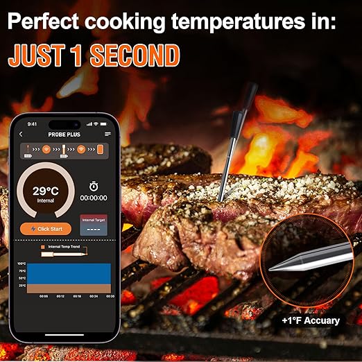 Wireless Smart Meat Thermometer: Bluetooth, Long Range, Measures Internal & Ambient Temp for BBQ, Grill, Kitchen, and Smoker. iOS & Android Compatible.