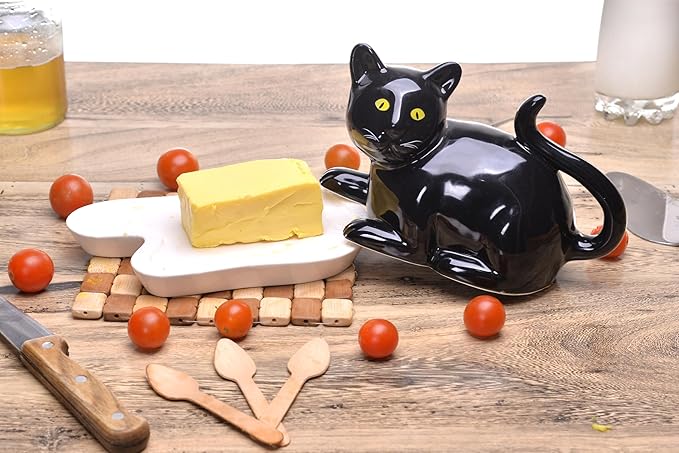 Black Cat Butter Dish with Lid – Ceramic Butter Holder, Porcelain Butter Container – Cute Cat Kitchen Decor – Dishwasher & Microwave Safe – Fits 7.8 x 4.7 Inch Butter Stick