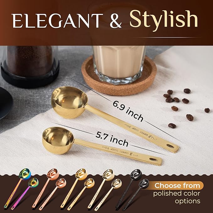 Orblue Premium Coffee Scoop Set - 1 Tbsp (15ml) & 2 Tbsp (30ml) Measuring Tablespoon - Stainless Steel Coffee Measuring Spoon and Scooper with Long Handles - Pack of 2 - Gold