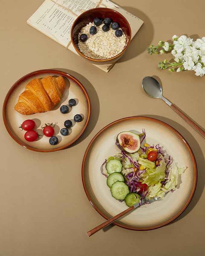 Ceramic Dish Set for 6, 18 Piece Dinnerware Set for Small to Medium Families, Reactive Glaze Design, Dishwasher & Microwave Safe, Brown Yellow
