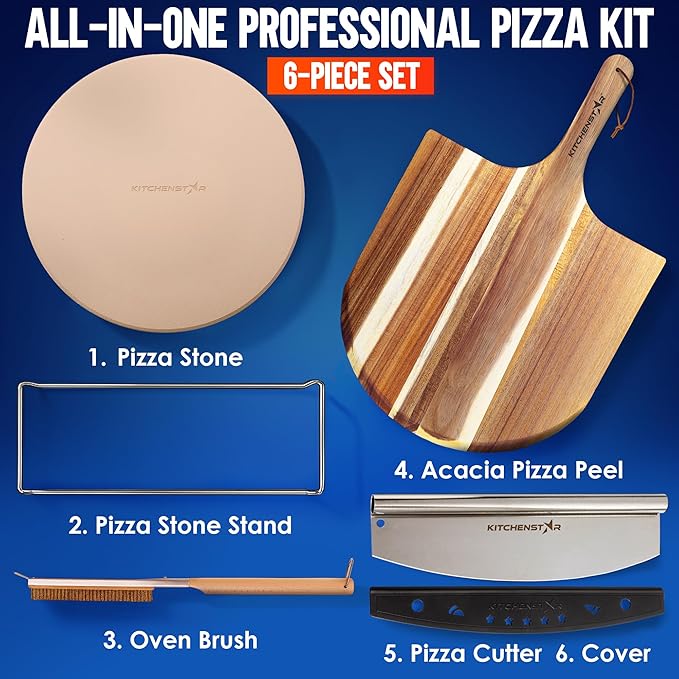 KitchenStar 16-inch Pizza Making Set, 6 PCS - Pizza Stone + Stainless Steel Rack, Acacia Wood Pizza Peel, Pizza Cutter Rocker + Protective Cover, Metal Brush - Oven & Grill Accessories Kit