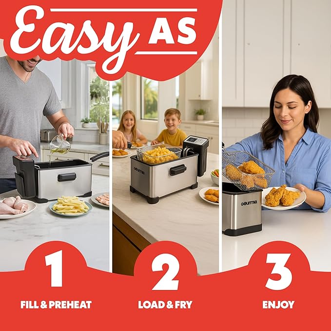 Gourmia 3.2 Qt Countertop Deep Fryer – Electric Oil Fryer with Digital Display, Adjustable 280°F–380°F Temperature Control, Viewing Window, Odor Filter Lid & Magnetic Safety Cord