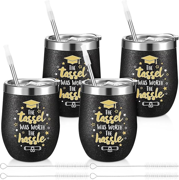 Sliner 4-pack 2026 Graduation Glitter Tumblers, 12oz Stainless Steel Insulated Wine Cups with Lids, Straws & Brushes - Sparkling Travel Mug Set for School & College Graduate (4 Pack,Graduation Style)