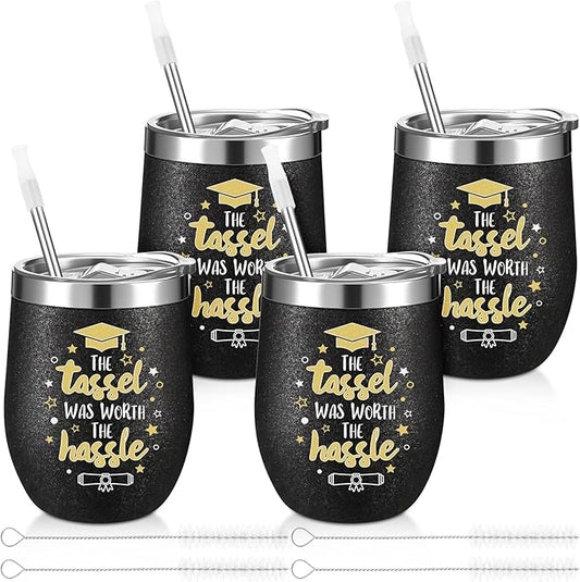Sliner 4-pack 2026 Graduation Glitter Tumblers, 12oz Stainless Steel Insulated Wine Cups with Lids, Straws & Brushes - Sparkling Travel Mug Set for School & College Graduate (4 Pack,Graduation Style)