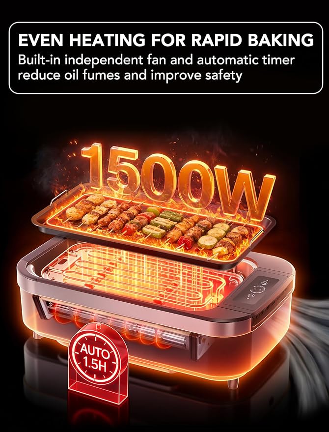 Smokeless Indoor Grill, COWSAR 1500W Electric Grill Indoor with Drip Tray & Tempered Glass Lid, Portable Non-Stick Korean BBQ Grill, 6-Level Control, 90 Min Auto Timer, Dishwasher Safe, Black