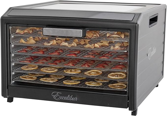 Excalibur Electric Food Dehydrator Performance Series 6-Tray with Adjustable Temperature Control Includes Stainless Steel Drying Trays Glass Door Top View Window and LED Display Progress Bar, Black