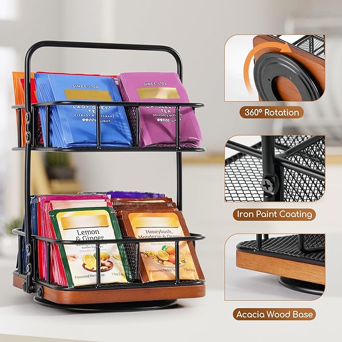 Rotating Tea Bag Organizer – 2 Tier 8 Basket 360° Spinning Teabag Holder Organizer, Acacia Wood Iron Countertop Tea Accessories Rack Holds 100+ Tea Bags, Decorative Kitchen, Coffee Bar Organizer Gift
