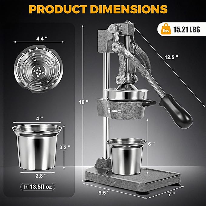 Cast Iron Juicer, Manual Citrus Press, Heavy Duty Hand Press Fruit Squeezer with Stable Base & Maximum Juice Yield for Orange Lemon Lime Pomegranate, Silver