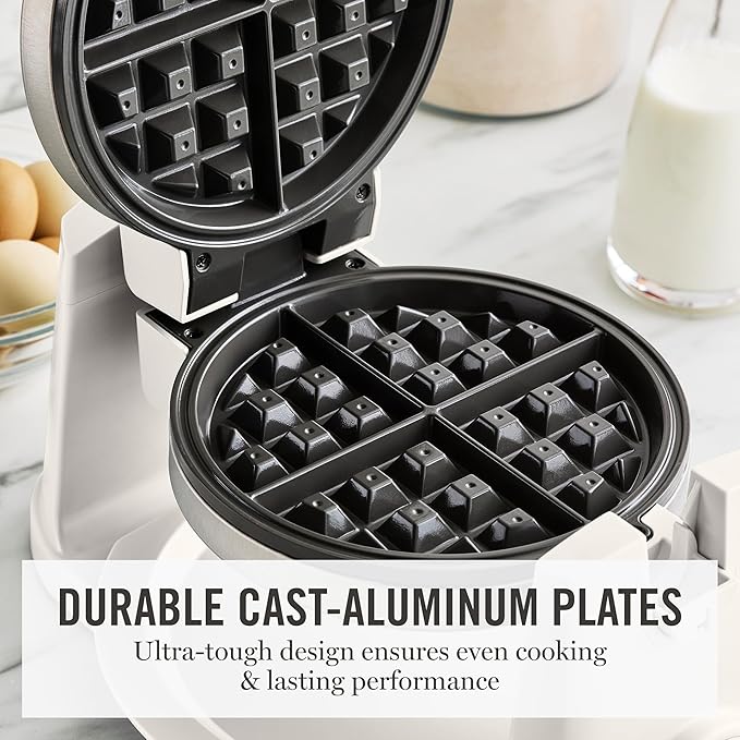Martha Stewart Rotating Waffle Maker, 180° Flip Iron with PFAS-Free Nonstick Plates, Adjustable Timer, Ready Light, Drip Tray, Space Saving, Classic Round 7”, Easy to Clean, Stainless Steel, Linen