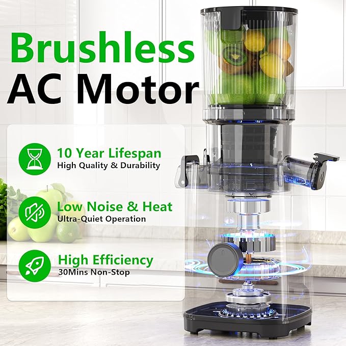 Cold Press Juicer Machines, 5.3" Large Feed Chute Slow Masticating Juicer, Powerful AC Brushless Motor Fit Whole Fruits & Vegetable, 99% Juice Yield, Ultra Quiet, Easy Clean