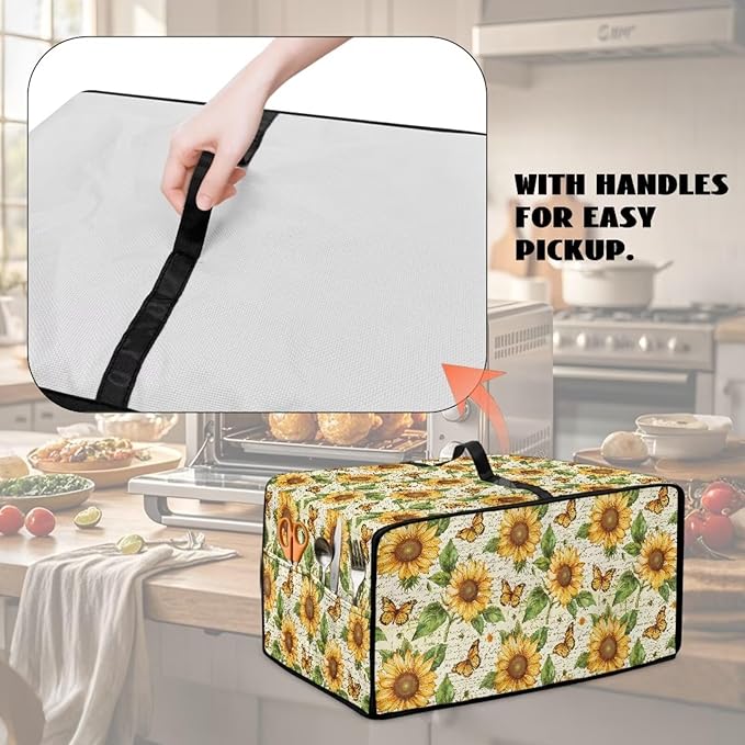 Countertop Convection Oven Cover Dust-Proof Toaster Oven Cover with Accessories Pockets, Countertop Convection Oven Protector, L, Sunflower Butterfly Retro Letter Print
