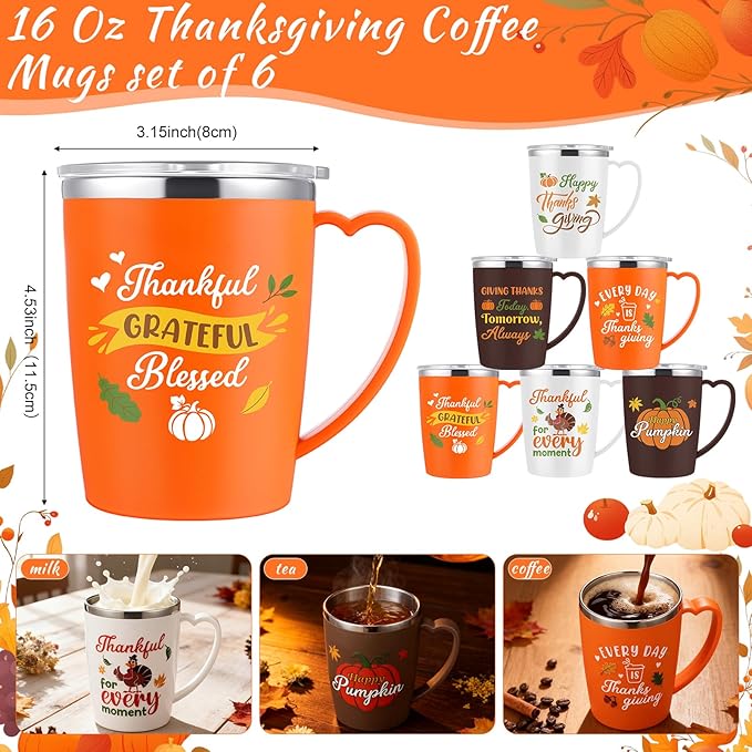 6 Pcs Thanksgiving Coffee Mugs Cups 16 Oz Fall Stainless Steel Insulated Tumblers Bulk with Handle Lid Straw Brushes Happy Thanksgiving Pumpkin Turkey Mugs Thankful Gifts for Party Birthday