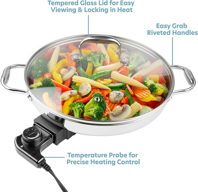 XL Electric 16" Skillet By CucinaPro- 18/10 Stainless Steel Frying Pan with Tempered Glass Lid and Handle, Round with Adjustable Temperature Control Probe, Portable, Includes Recipe Guide, Great Gift