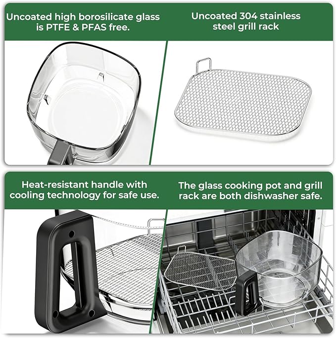 5 Quart Glass Air Fryer, Non Toxic & Uncoated High Borosilicate Glass Basket, Airfryer with Transparent Fry Bowl, 8 Preset Modes, PTFE/PFAS Free, BPA-Free, Dishwasher Safe, Black