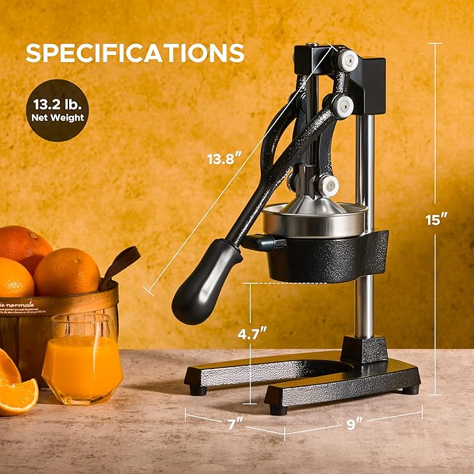 CO-Z Manual Citrus Juicer, Commercial Grade Cast Iron Orange Juicer, Professional Heavy Duty Juice Press with Removable Strainer, Manual Juice Extractor for Orange Lemon Pomegranate Citrus, Black