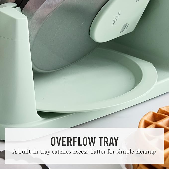 Martha Stewart Rotating Waffle Maker, 180° Flip Iron with PFAS-Free Nonstick Plates, Adjustable Timer, Ready Light, Drip Tray, Space Saving, Classic Round 7”, Easy to Clean, Stainless Steel, Honeydew