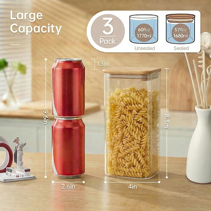 57oz - 3 Pack Square Glass Jars with Bamboo Lids, Glass Food Storage Containers with Airtight Lids for Kitchen, Air Tight Pantry Storage Containers for Cereal, Pasta, Rice, Sugar, Coffee, Spice