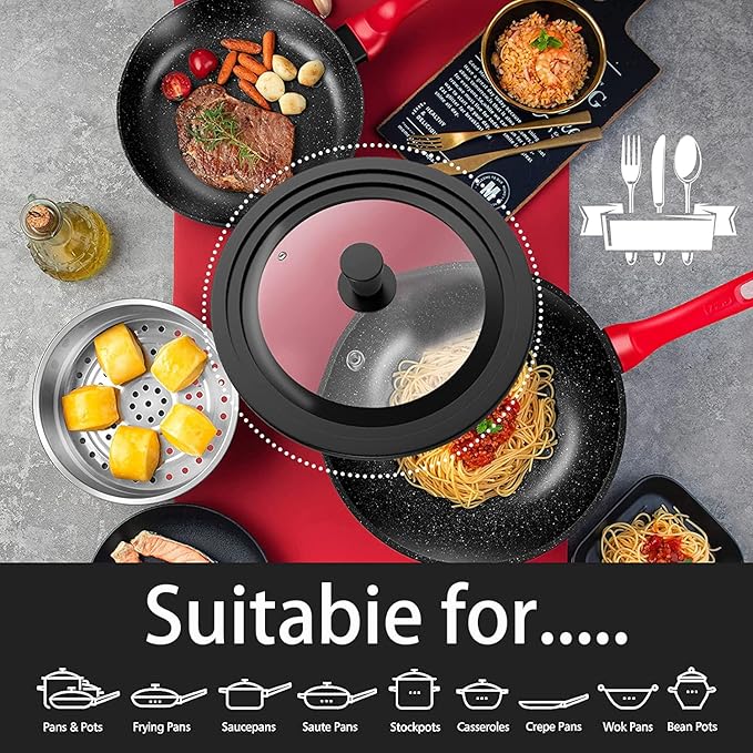 Universal Pot Lid - Pan Lid Fits 7", 8", 9" Cookware, Tempered Glass with Heat-Resistant Silicone Rim and Handle, Black – for Frying Pans & Skillets